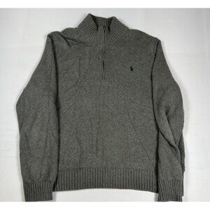 Polo Ralph Lauren Men Large Grey Quarter-Zip Cotton Sweater Green Pony